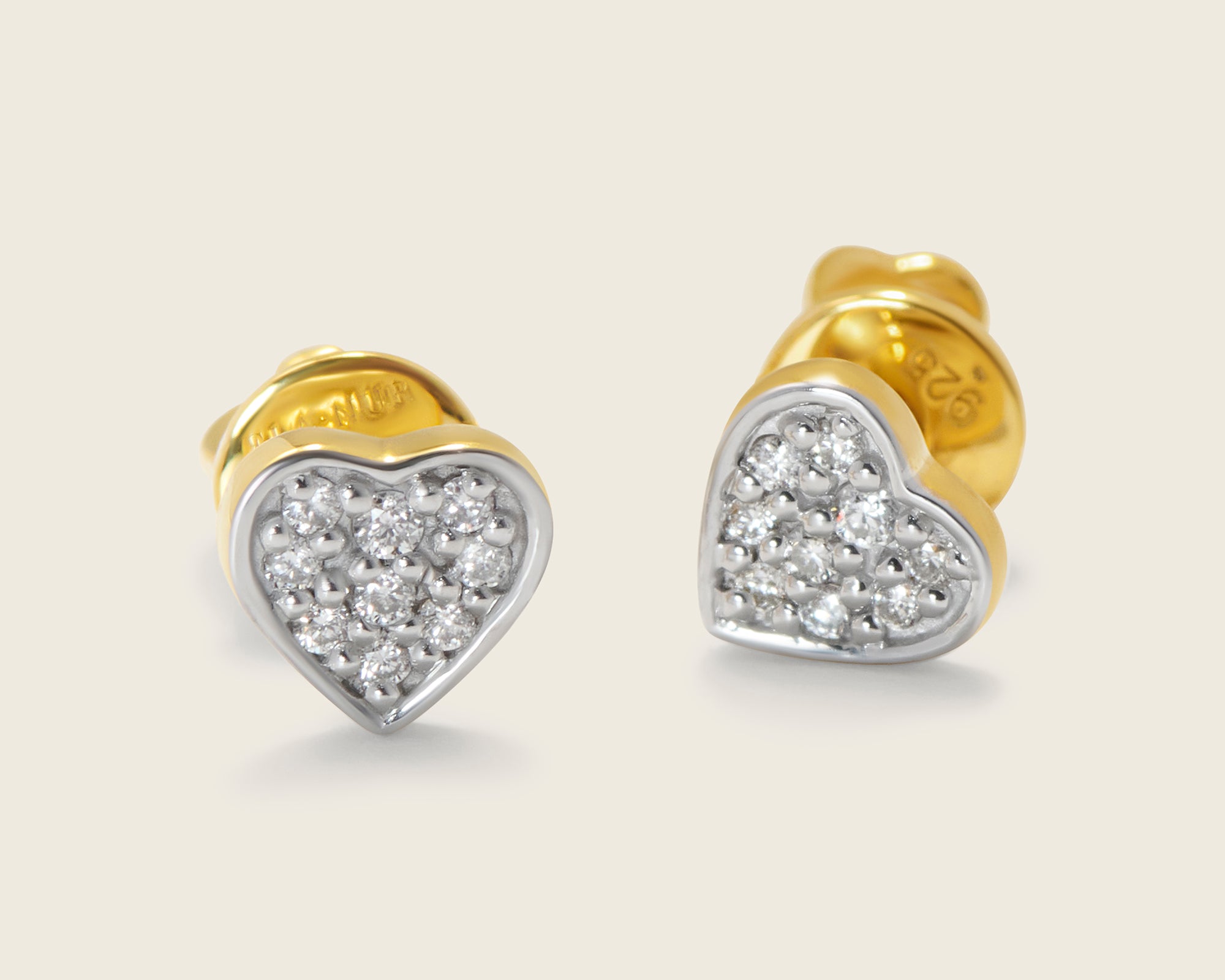 18k gold vermeil stud earrings in a love heart shape pave set with lab grown diamonds