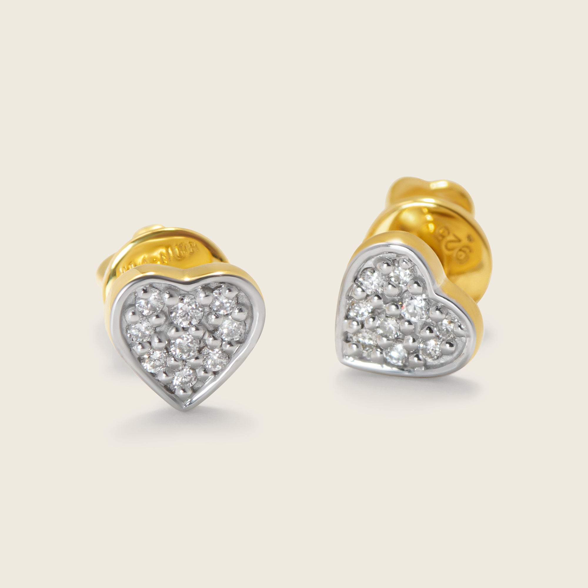 18k gold vermeil stud earrings in a love heart shape pave set with lab grown diamonds