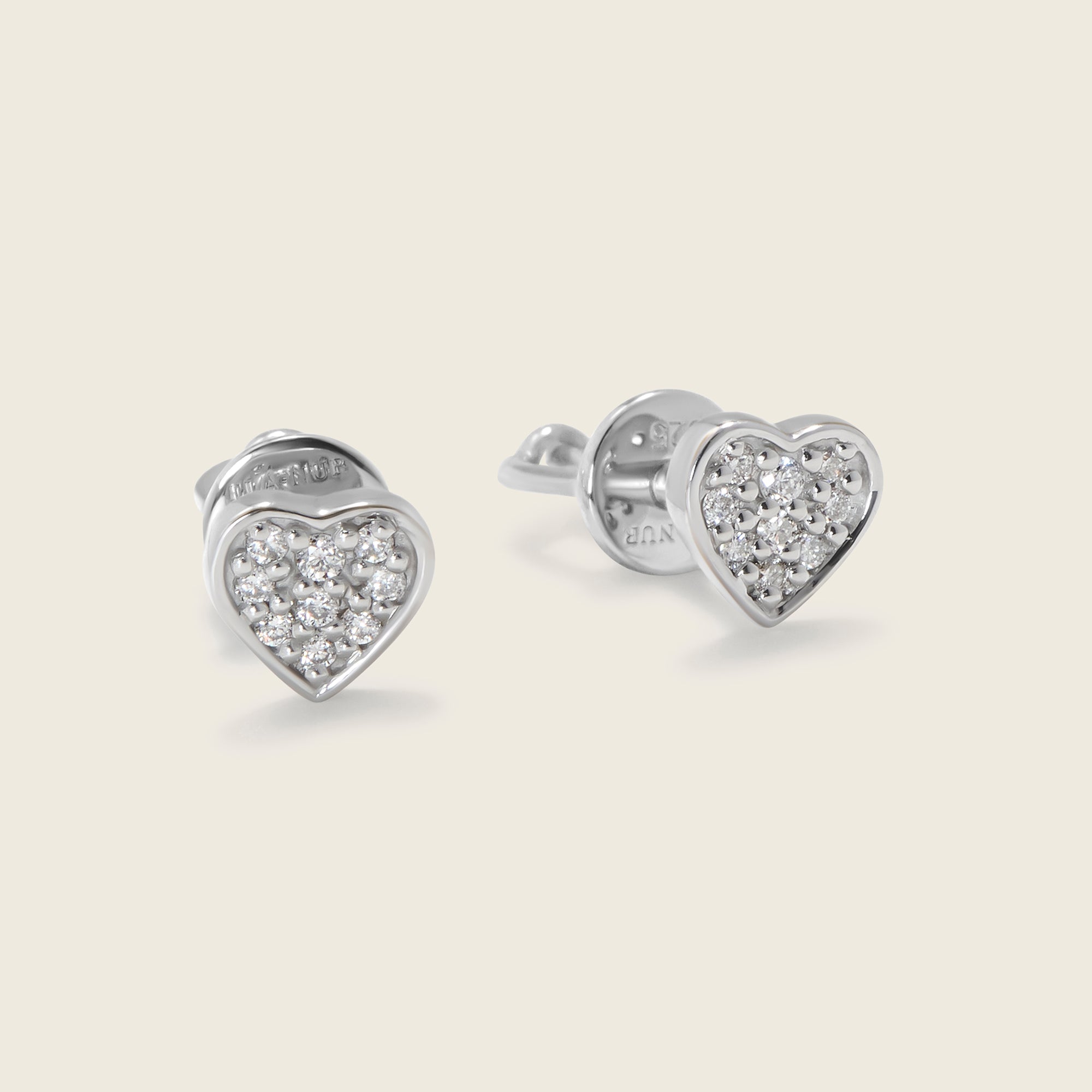 Silver love heart studs with screw back, brilliant clustered diamonds