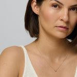 A matching set of gold diamond stud earring and gold diamond pendant chain necklace